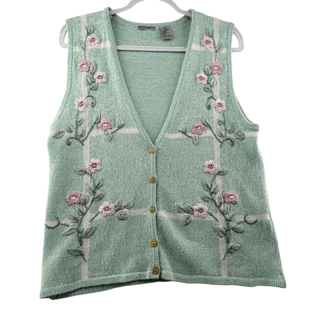 Tan Jay Floral Embroidered Knit Sweater Vest Womens Small Sage Granny Cottage